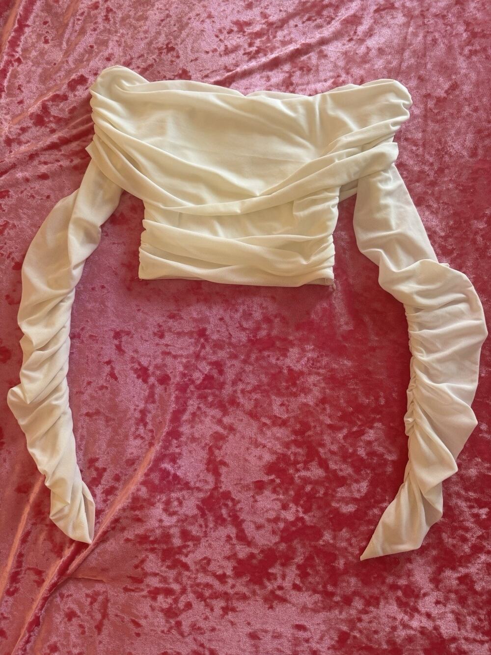Princess Polly Cream Off the Shoulder Long Sleeve Top Ruched Mesh Size 2 Cropped